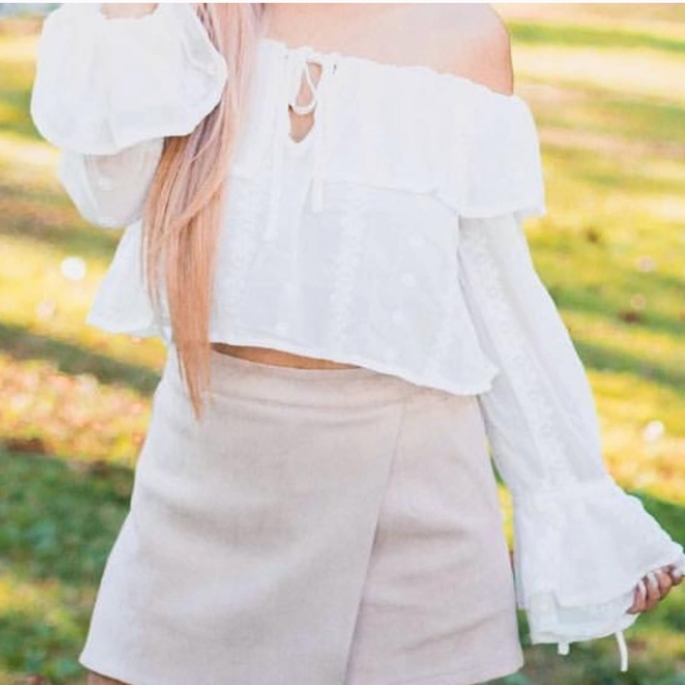 Off the shoulder white eyelet long sleeve blouse